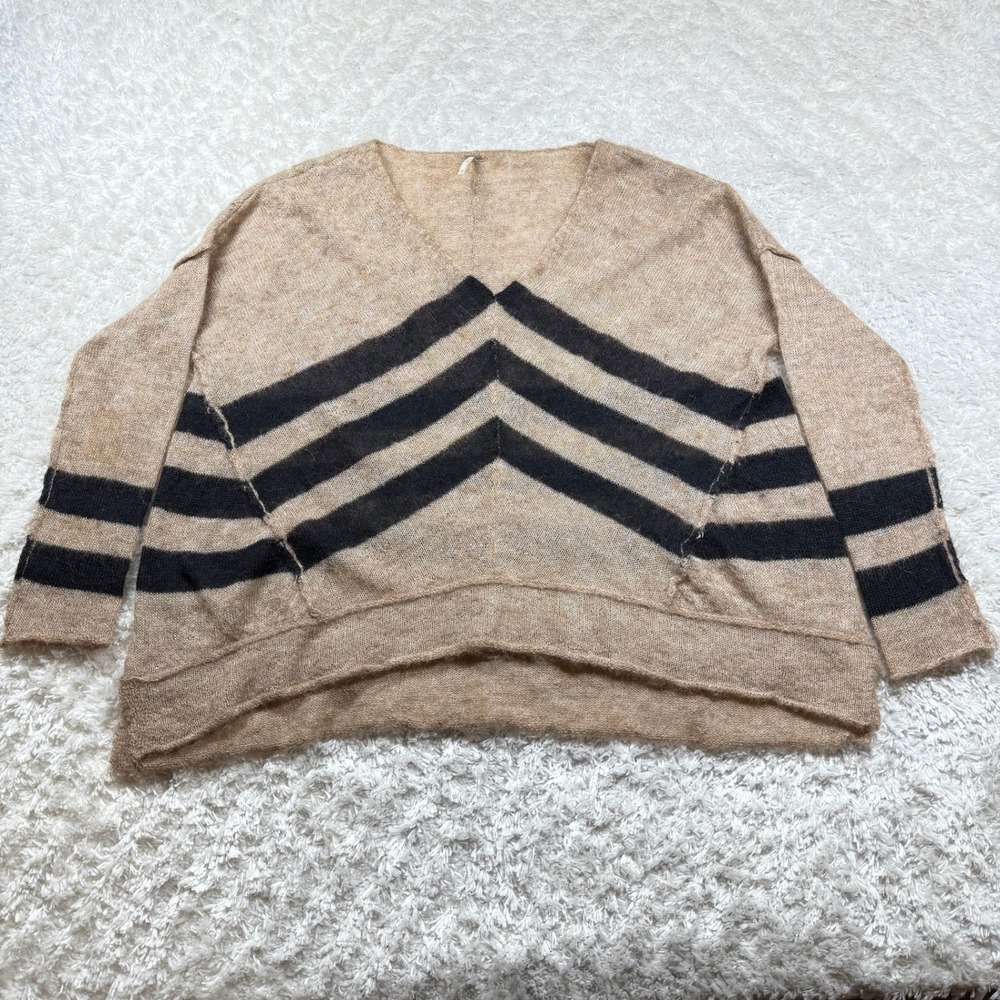 Free People Women's XS Sweater Beige Black Striped LS V Neck Alpaca Boho Hippie